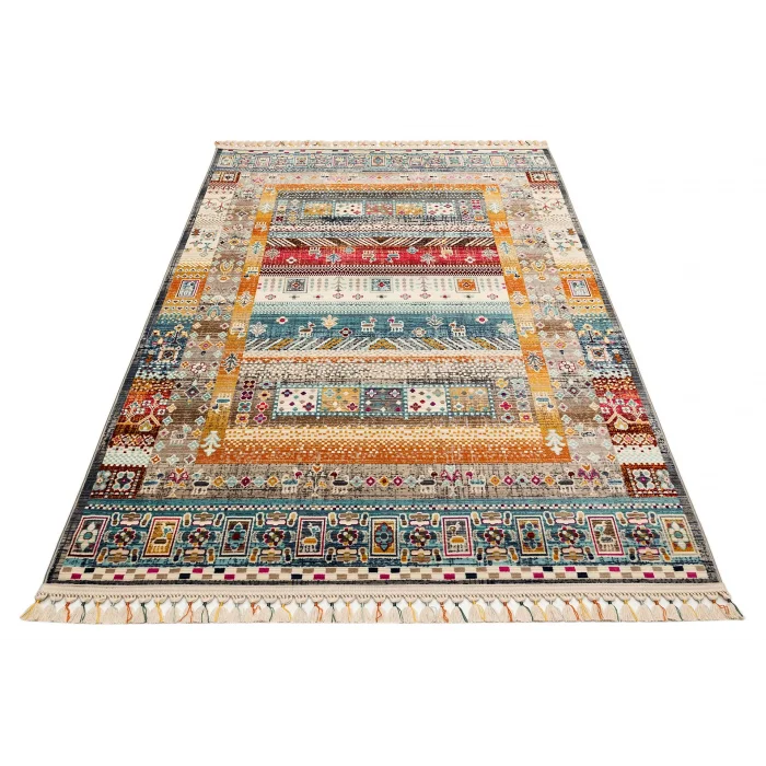 PETRA HALI 0045 Hav Toz Vermez Etnik ve Modern Desenli Renkli Saçaklı Halı