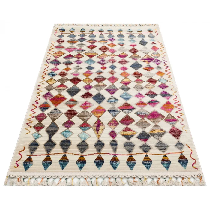 PETRA HALI 0062 Hav Toz Vermez Etnik ve Modern Desenli Renkli Saçaklı Halı