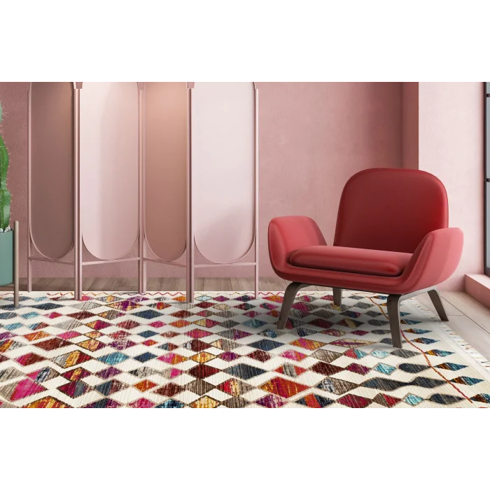 PETRA HALI 0062 Hav Toz Vermez Etnik ve Modern Desenli Renkli Saçaklı Halı