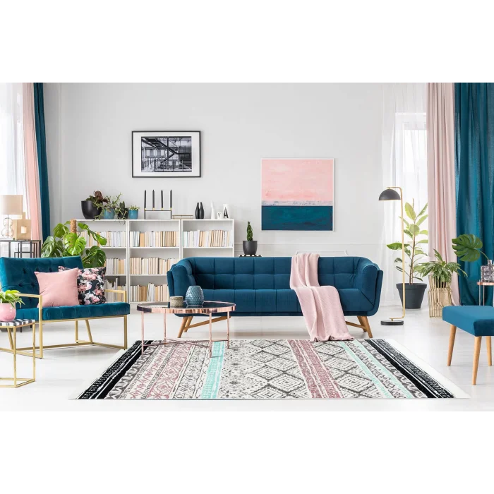 Arya Ar 04 Pink Aqua %100 Geri Dönüşümlü Pamuktan Çift Taraflı Yıkanabilir Modern Dekoratif Kilim