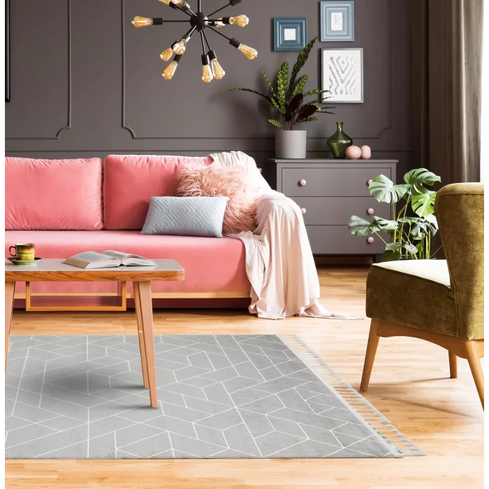 Urban 03 Grey White Etnik Desenlere Sahip Hav Toz Vermez Yumuşak Dokulu Modern Halı