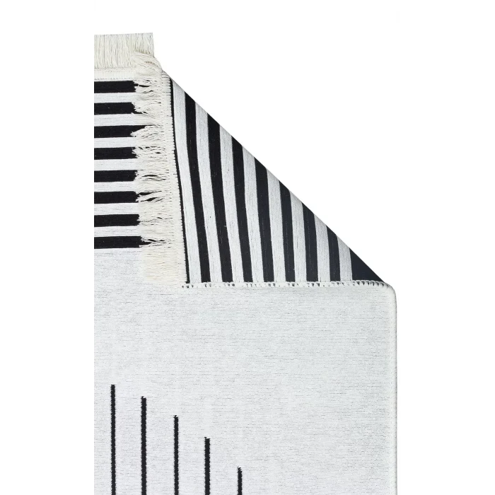 Arya Ar 25 White Black %100 Geri Dönüşümlü Pamuktan Çift Taraflı Yıkanabilir Modern Dekoratif Kilim