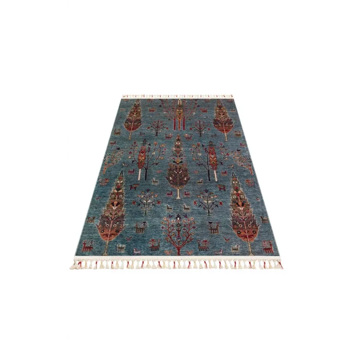Antique ATK 09 Aqua Yıkanabilir Modern Ve Etnik Desenli Kaymaz Tabanlı Makine Halısı