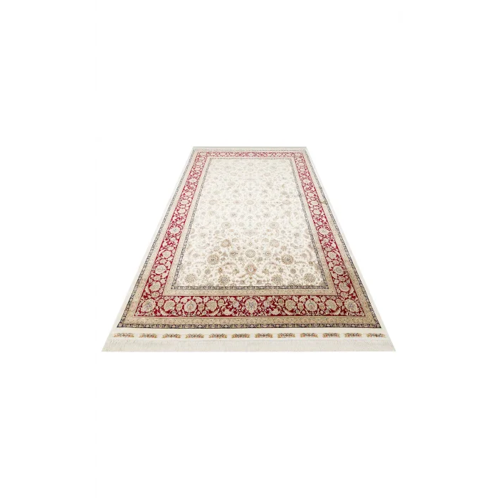 İsfahan 03 Cream Red Klasik Desenli Yüksek Kalite Sık Dokuma Makine Halısı