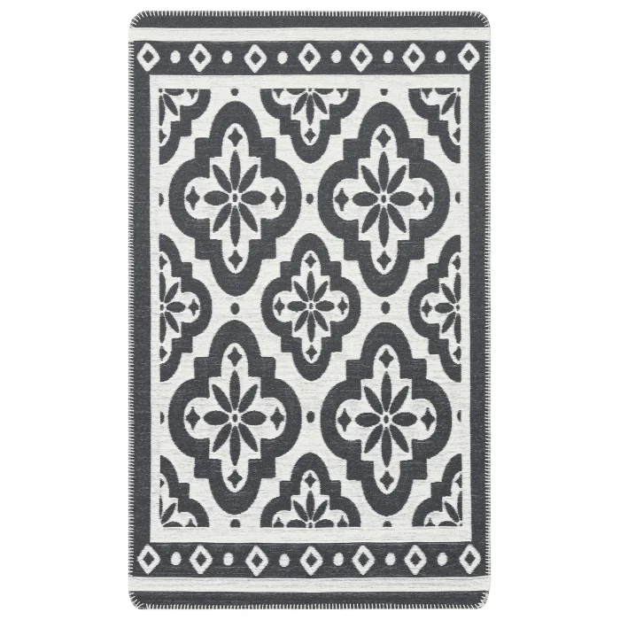 Arya Neo Arn 08 Antrasit White Yıkanabilir Kaymaz Tabanlı Modern Pamuk Kilim