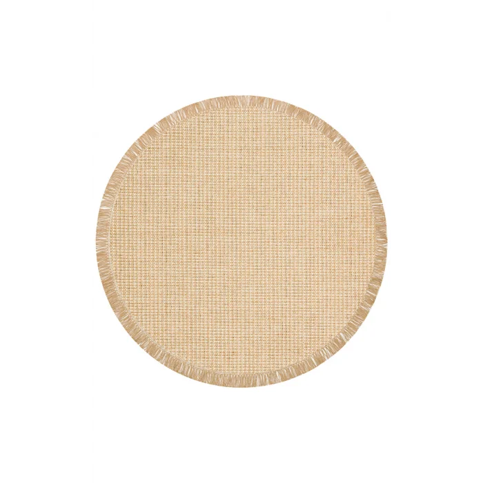 Brooklyn 01 Natural Beıge Q Yuvarlak Hasır Görünümlü Kaymaz Renkli Dokuma Modern Kilim