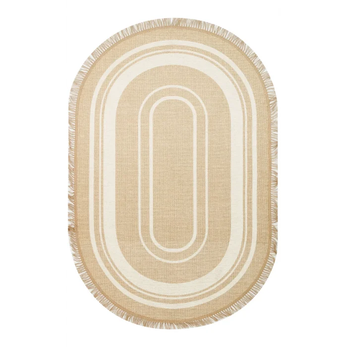 Brooklyn Brk 09 Ivory Oval Hasır Görünümlü Kaymaz Renkli Dokuma Modern Kilim