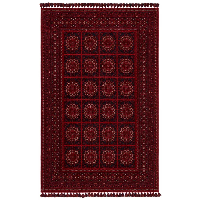 Buhari BHR 03 Red Afgan Yağcıbedir Desenli Hav Toz Vermez Yıkanabilir Kaymaz İnce Dokuma Halı