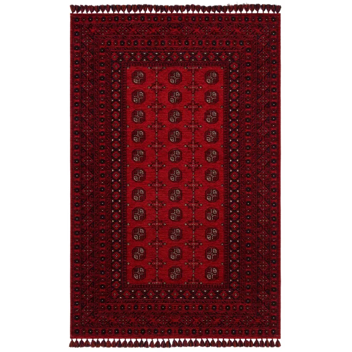 Buhari BHR 04 Red Afgan Yağcıbedir Desenli Hav Toz Vermez Yıkanabilir Kaymaz İnce Dokuma Halı