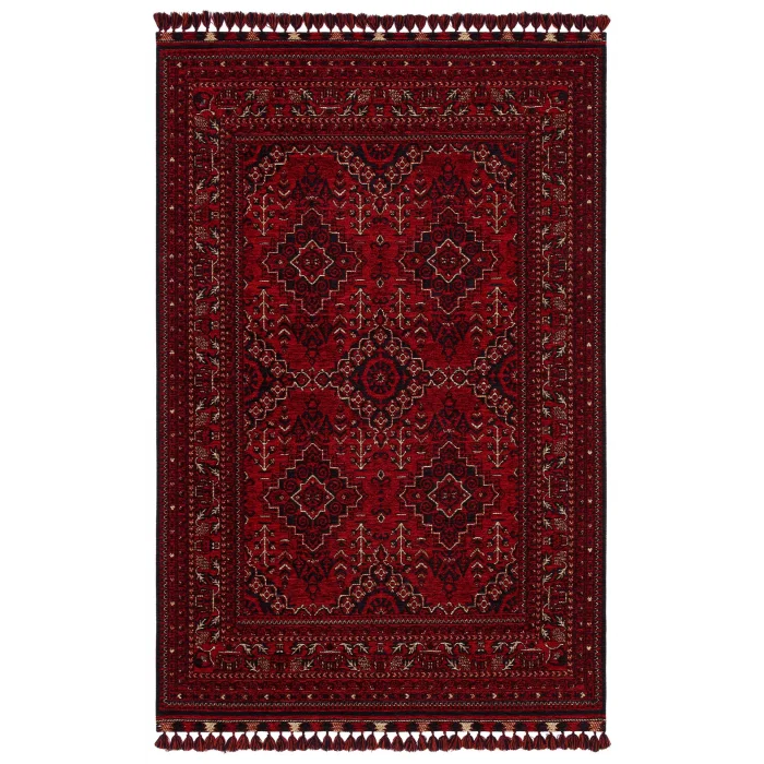 Buhari BHR 05 Red Afgan Yağcıbedir Desenli Hav Toz Vermez Yıkanabilir Kaymaz İnce Dokuma Halı