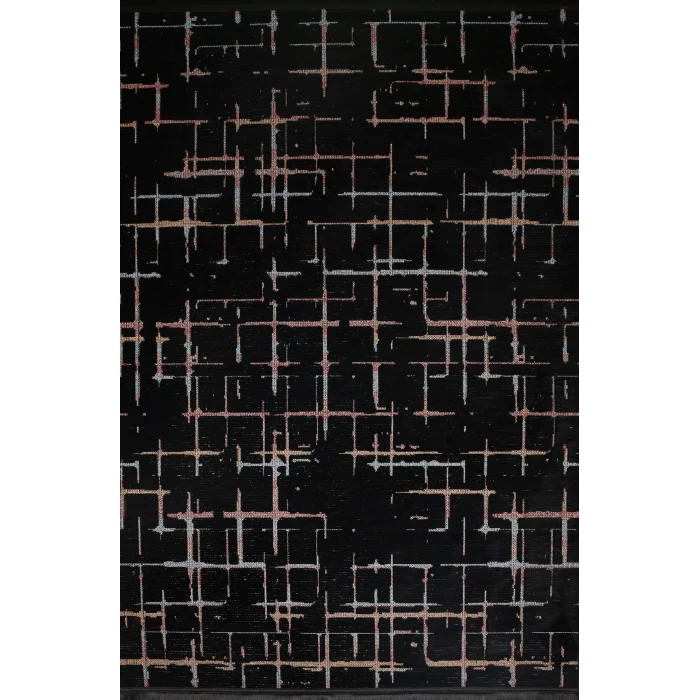 Otantik-FX 12A Siyah Multi Dekoratif Modern Kaymaz Tabanlı Makinede Yıkanabilir Halı Kilim