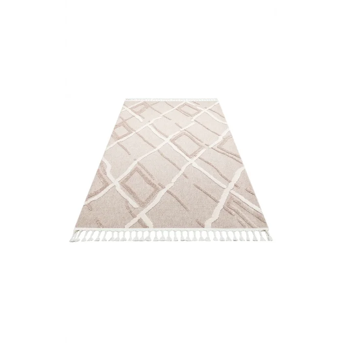 Terazzo 03 Beige White Hav Toz Vermez Yumuşak Dokulu Etnik Örgü Desenlere Sahip Modern İskindinav Halı