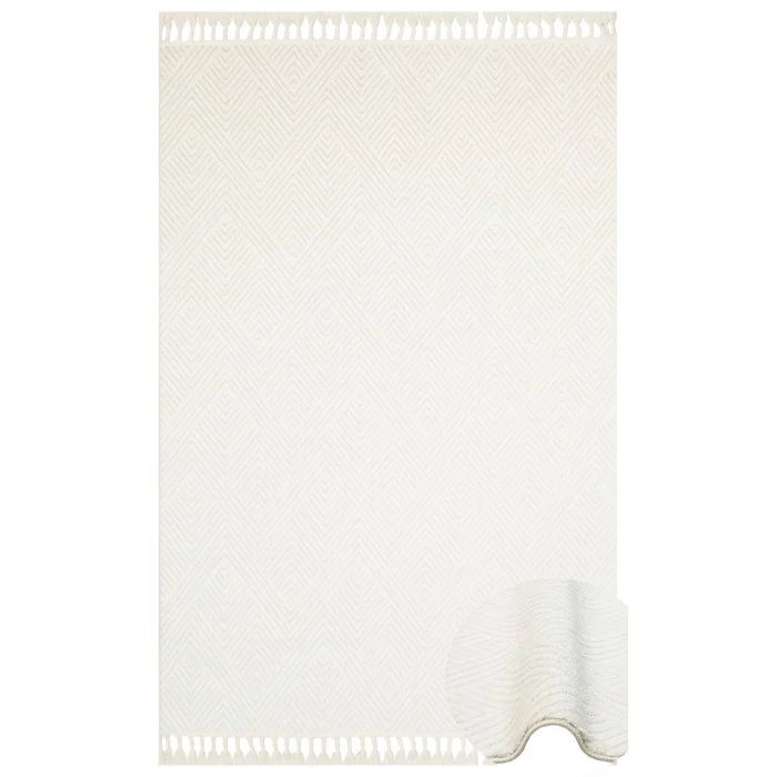 Urban 01 White Etnik Desenlere Sahip Hav Toz Vermez Yumuşak Dokulu Modern Halı