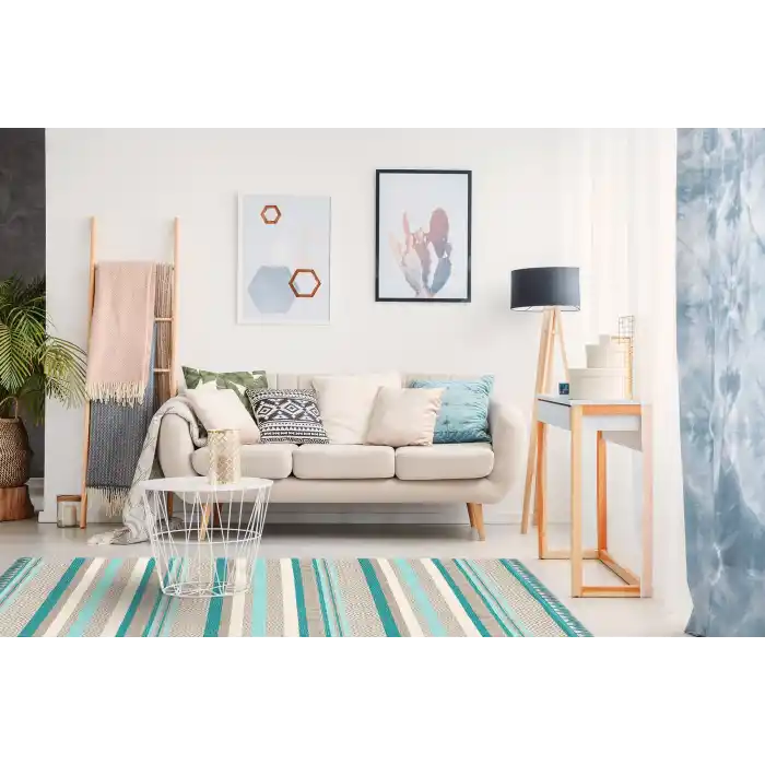 Aztec Az 01 Aqua Antibakteriyel Hav Toz Vermez Yıkanabilir Kaymaz Modern İnce Dokuma Kilim