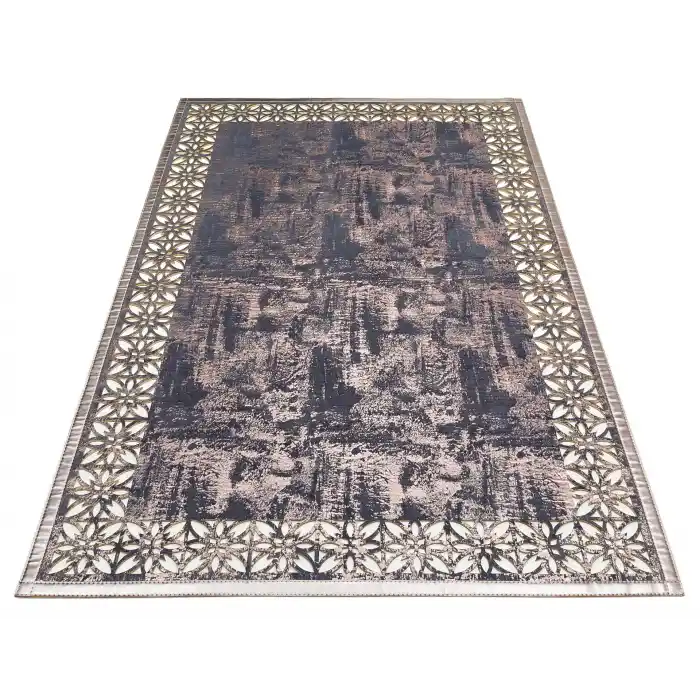 BIANCA DERI 0009 Klasik Ve Modern İşleme ve Oymaya Sahip Parlak Bordürlü Suni Deri Halı