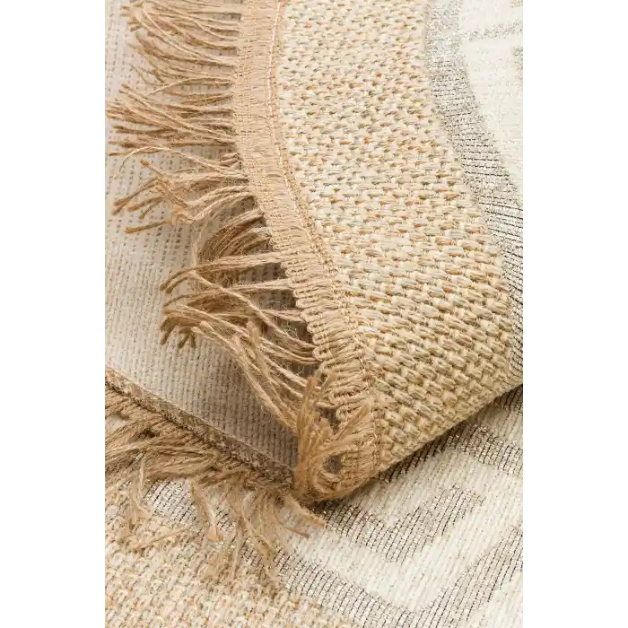 Brooklyn Brk 11 Natural Whıte Q Yuvarlak Hasır Görünümlü Kaymaz Renkli Dokuma Modern Kilim