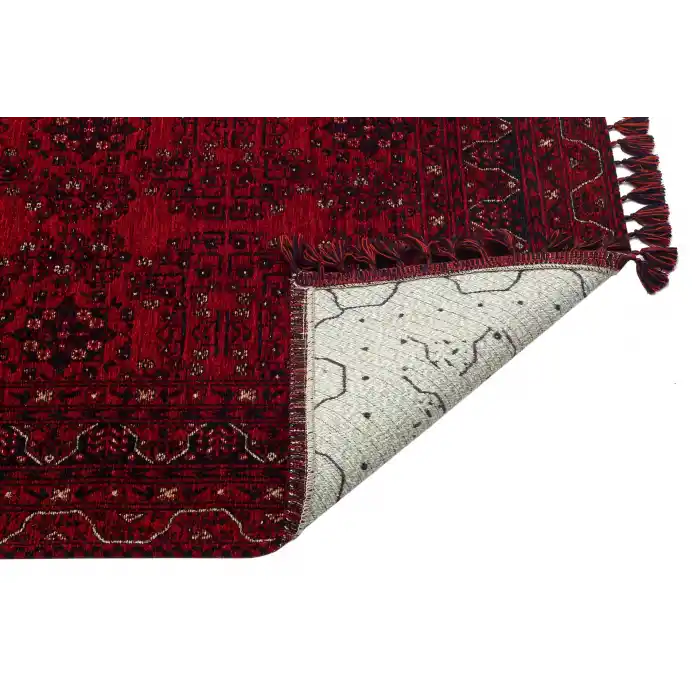 Buhari BHR 02 Red Afgan Yağcıbedir Desenli Hav Toz Vermez Yıkanabilir Kaymaz İnce Dokuma Halı