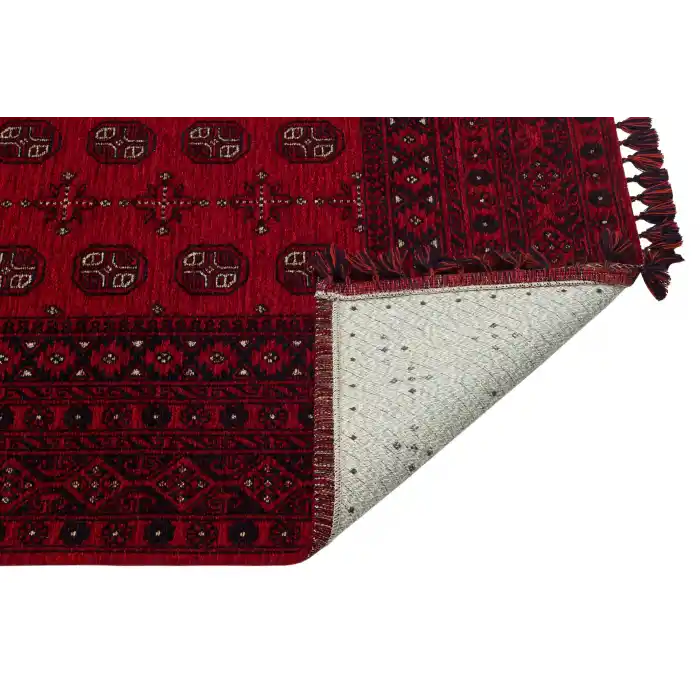 Buhari BHR 04 Red Afgan Yağcıbedir Desenli Hav Toz Vermez Yıkanabilir Kaymaz İnce Dokuma Halı