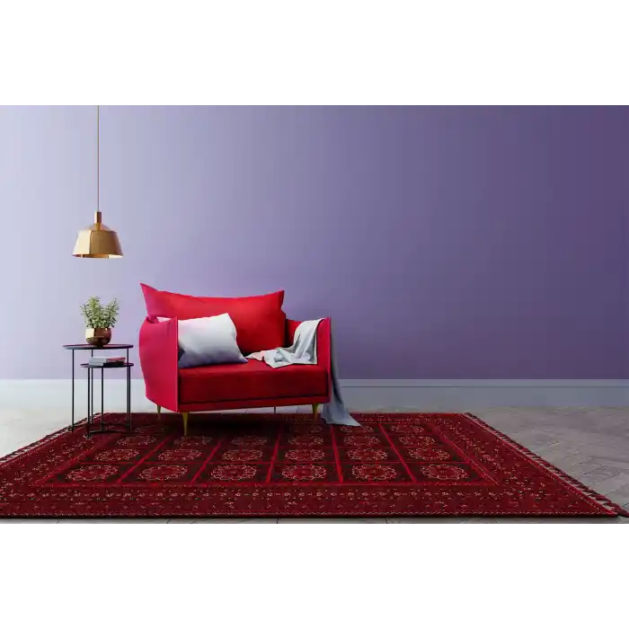 Buhari BHR 03 Red Afgan Yağcıbedir Desenli Hav Toz Vermez Yıkanabilir Kaymaz İnce Dokuma Halı