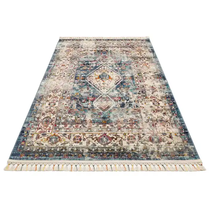 PETRA HALI 0024 Hav Toz Vermez Etnik ve Modern Desenli Renkli Saçaklı Halı