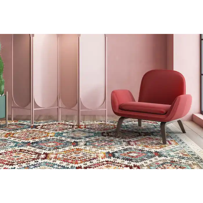 PETRA HALI 0038 Hav Toz Vermez Etnik ve Modern Desenli Renkli Saçaklı Halı