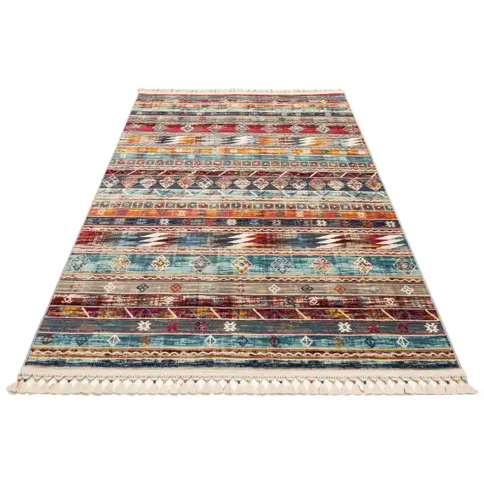 PETRA HALI 0012 Hav Toz Vermez Etnik ve Modern Desenli Renkli Saçaklı Halı