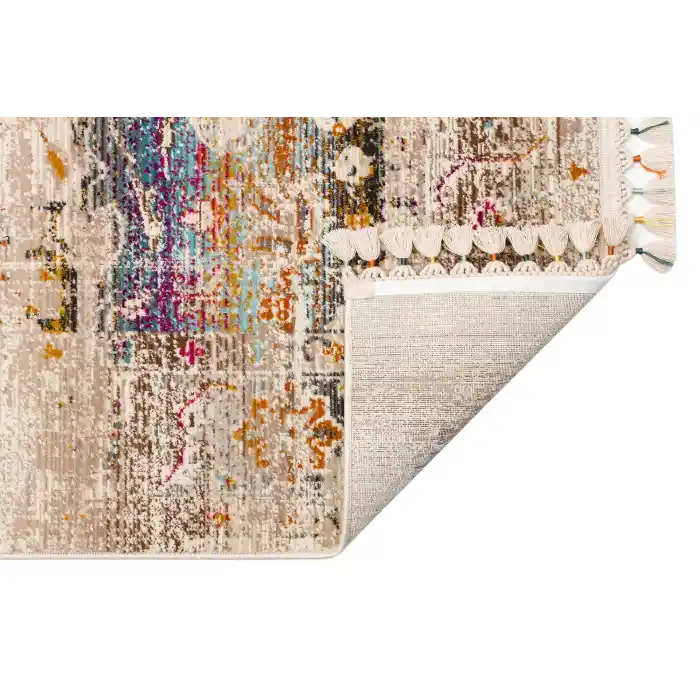 PETRA HALI 0027 Hav Toz Vermez Etnik ve Modern Desenli Renkli Saçaklı Halı