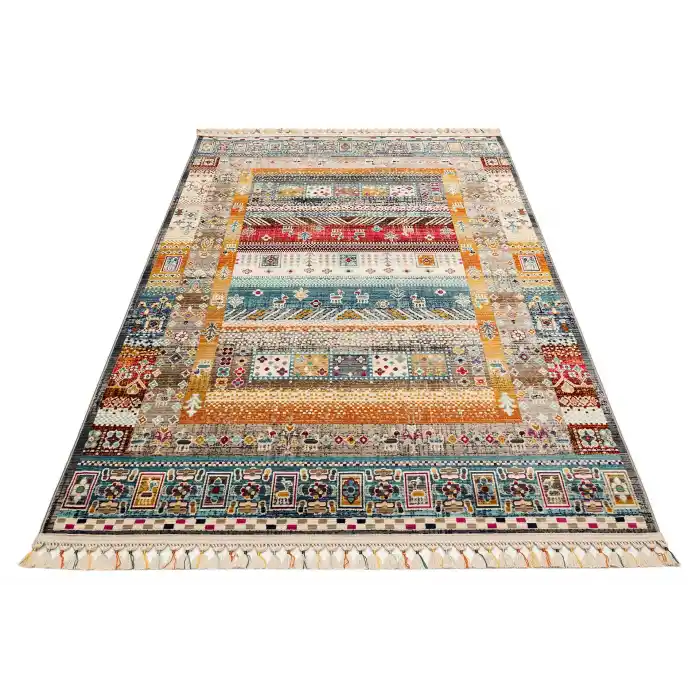 PETRA HALI 0045 Hav Toz Vermez Etnik ve Modern Desenli Renkli Saçaklı Halı