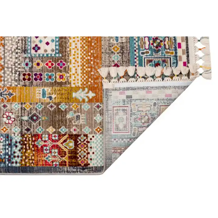 PETRA HALI 0045 Hav Toz Vermez Etnik ve Modern Desenli Renkli Saçaklı Halı