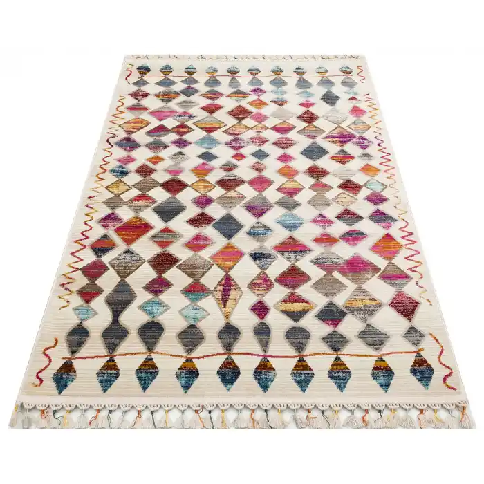 PETRA HALI 0062 Hav Toz Vermez Etnik ve Modern Desenli Renkli Saçaklı Halı