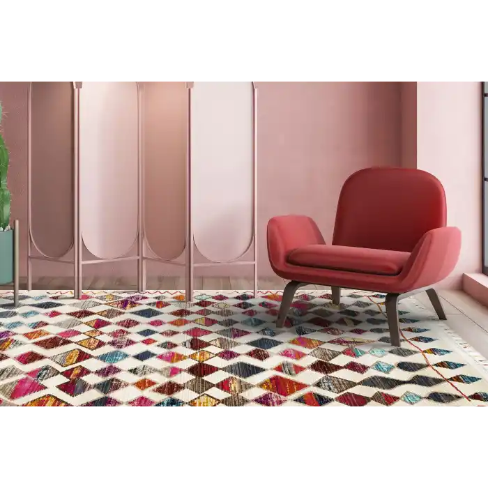 PETRA HALI 0062 Hav Toz Vermez Etnik ve Modern Desenli Renkli Saçaklı Halı