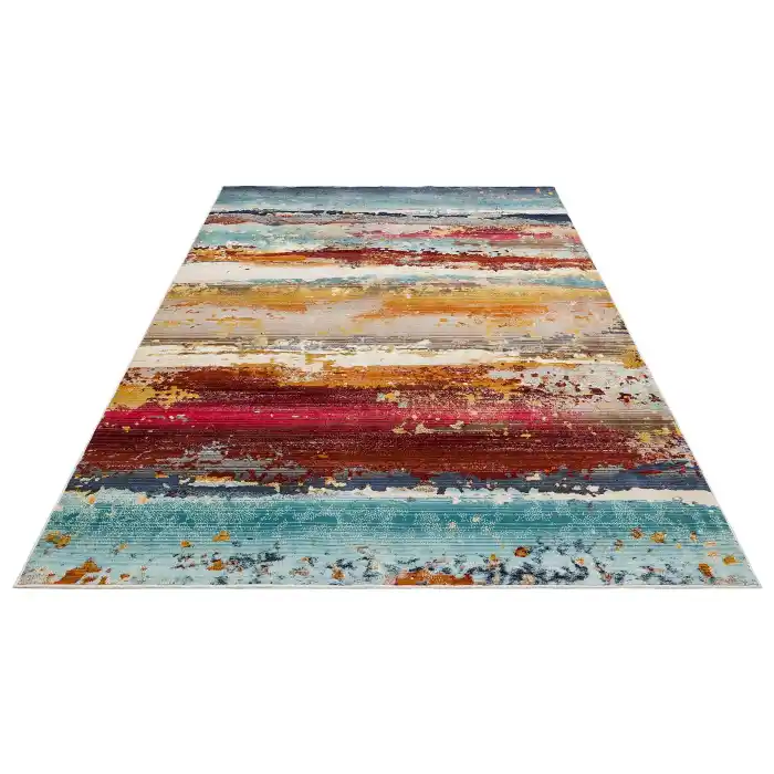 PETRA HALI 0010 Hav Toz Vermez Etnik ve Modern Desenli Renkli Saçaklı Halı