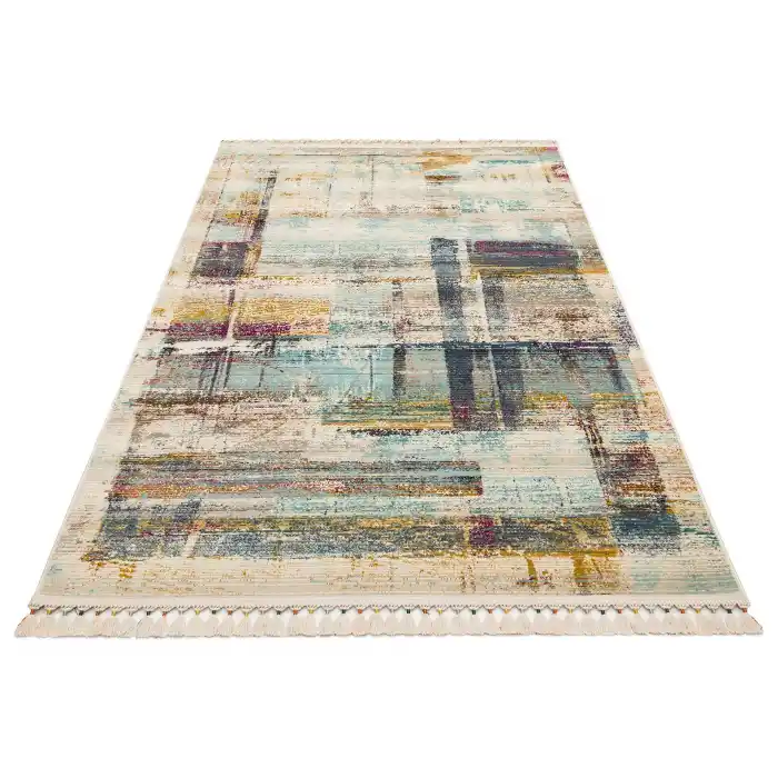 PETRA HALI 0005 Hav Toz Vermez Etnik ve Modern Desenli Renkli Saçaklı Halı