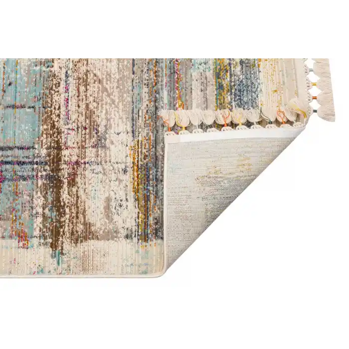 PETRA HALI 0005 Hav Toz Vermez Etnik ve Modern Desenli Renkli Saçaklı Halı