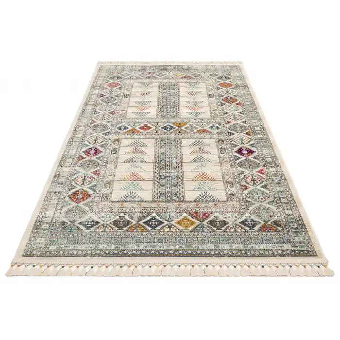 PETRA HALI 0019 Hav Toz Vermez Etnik ve Modern Desenli Renkli Saçaklı Halı