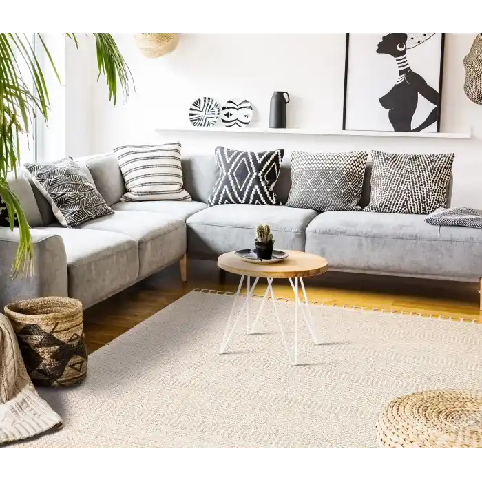 Soho Sh 01 Beige Hav Vermeyen Özel Ipler Ile Üretilen Etnik Örgü Desenlere Sahip Makine Halısı