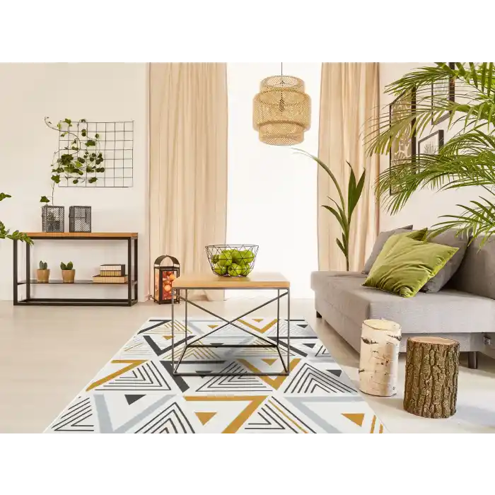 Arya Ar 18 Yellow Grey %100 Geri Dönüşümlü Pamuktan Çift Taraflı Yıkanabilir Modern Dekoratif Kilim