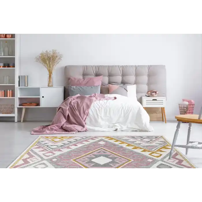 Arya Ar 08 Pink Yellow %100 Geri Dönüşümlü Pamuktan Çift Taraflı Yıkanabilir Modern Dekoratif Kilim