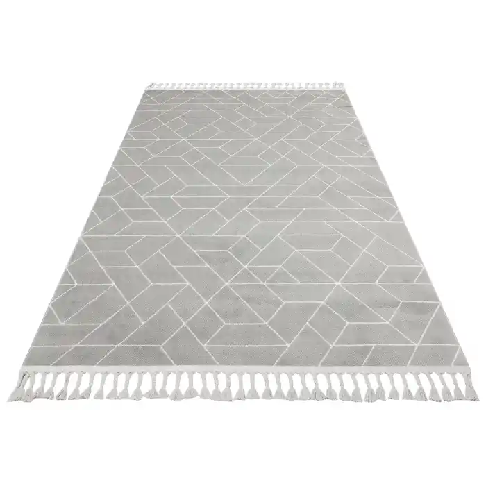 Urban 03 Grey White Etnik Desenlere Sahip Hav Toz Vermez Yumuşak Dokulu Modern Halı