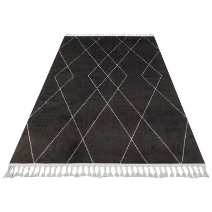 Urban 02 Black Grey Etnik Desenlere Sahip Hav Toz Vermez Yumuşak Dokulu Modern Halı