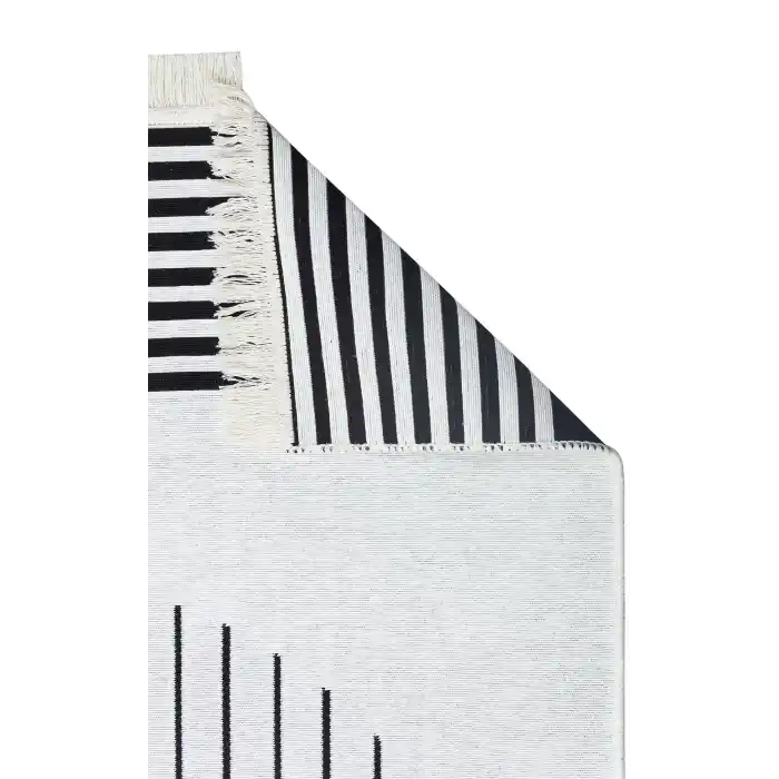 Arya Ar 25 White Black %100 Geri Dönüşümlü Pamuktan Çift Taraflı Yıkanabilir Modern Dekoratif Kilim