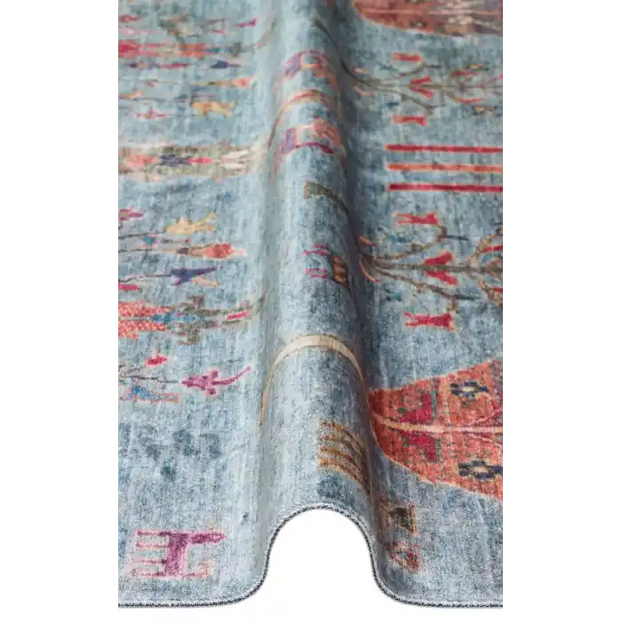 Antique ATK 09 Aqua Yıkanabilir Modern Ve Etnik Desenli Kaymaz Tabanlı Makine Halısı