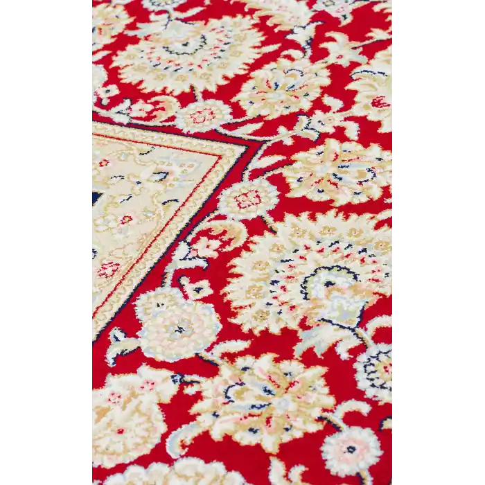 İsfahan 03 Cream Red Klasik Desenli Yüksek Kalite Sık Dokuma Makine Halısı