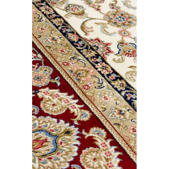 İsfahan 03 Cream Red Klasik Desenli Yüksek Kalite Sık Dokuma Makine Halısı