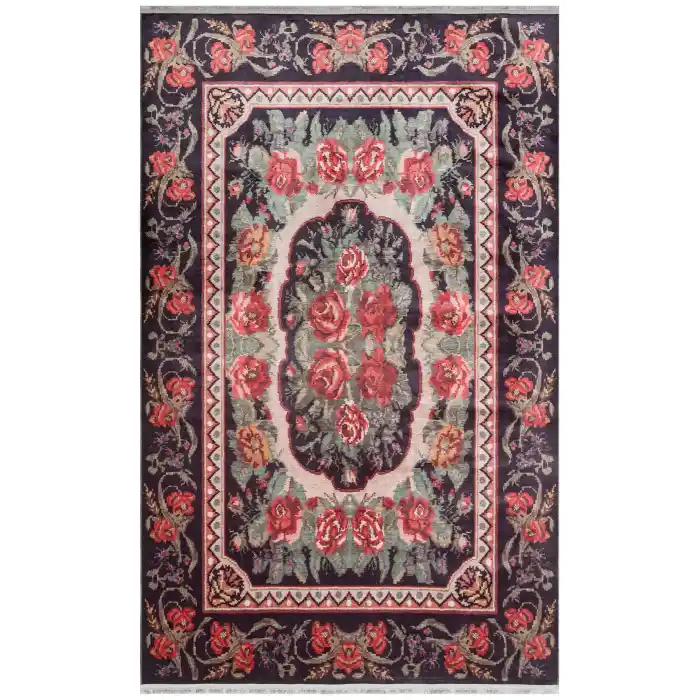 Antique ATK 03 Black Yıkanabilir Modern Ve Etnik Desenli Kaymaz Tabanlı Makine Halısı