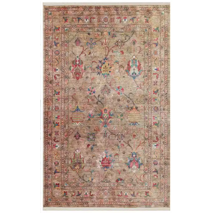 Antique ATK 08 Beige Yıkanabilir Modern Ve Etnik Desenli Kaymaz Tabanlı Makine Halısı