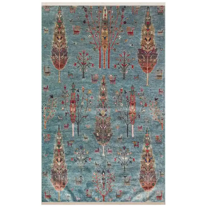 Antique ATK 09 Aqua Yıkanabilir Modern Ve Etnik Desenli Kaymaz Tabanlı Makine Halısı