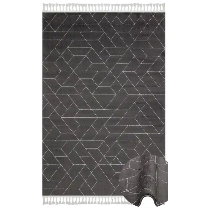 Urban 03 Black Grey Etnik Desenlere Sahip Hav Toz Vermez Yumuşak Dokulu Modern Halı