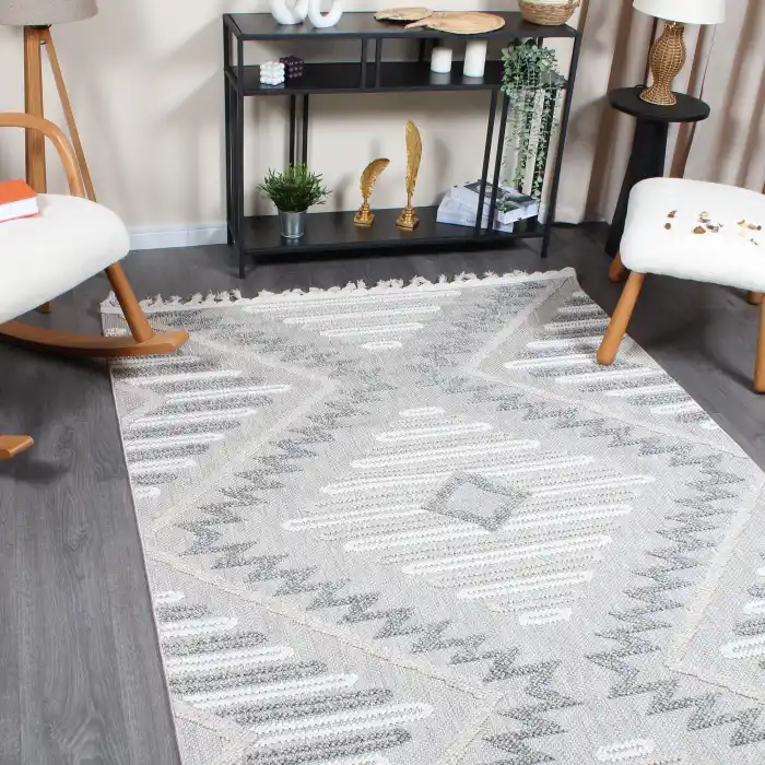 Boho BH-7 Gri Krem Bukle Dokuma Modern Makine Halısı