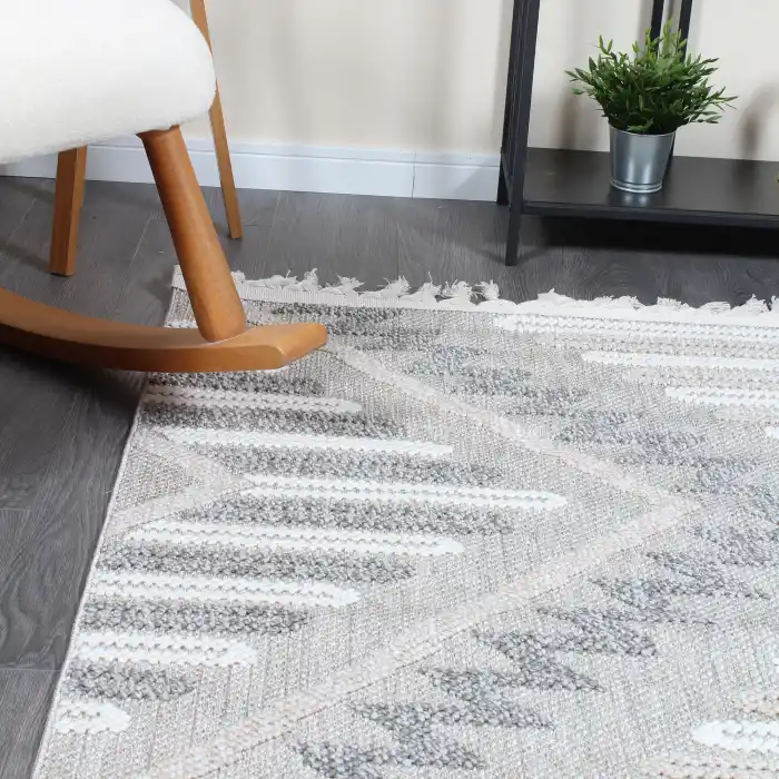 Boho BH-7 Gri Krem Bukle Dokuma Modern Makine Halısı